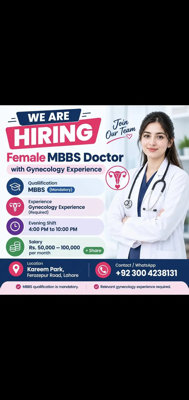 femal MBBS Doctor Required with Gynae experience Lahore