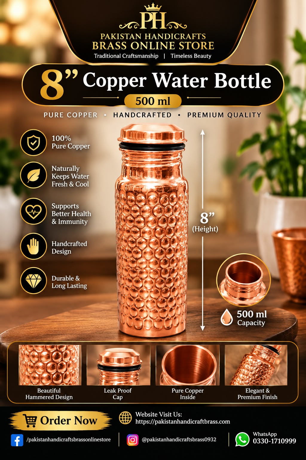 8” Handcrafted Pure Copper Water Bottle 500 ml Premium Hammered Design