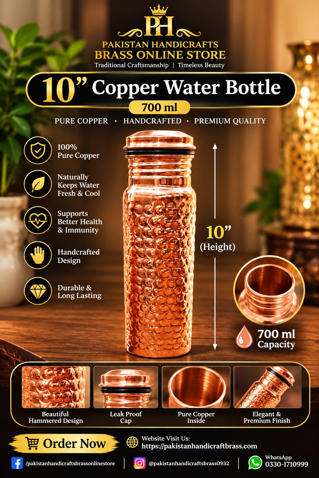 Handcrafted Pure Copper Water Bottle 700 ml Premium Hammered Design