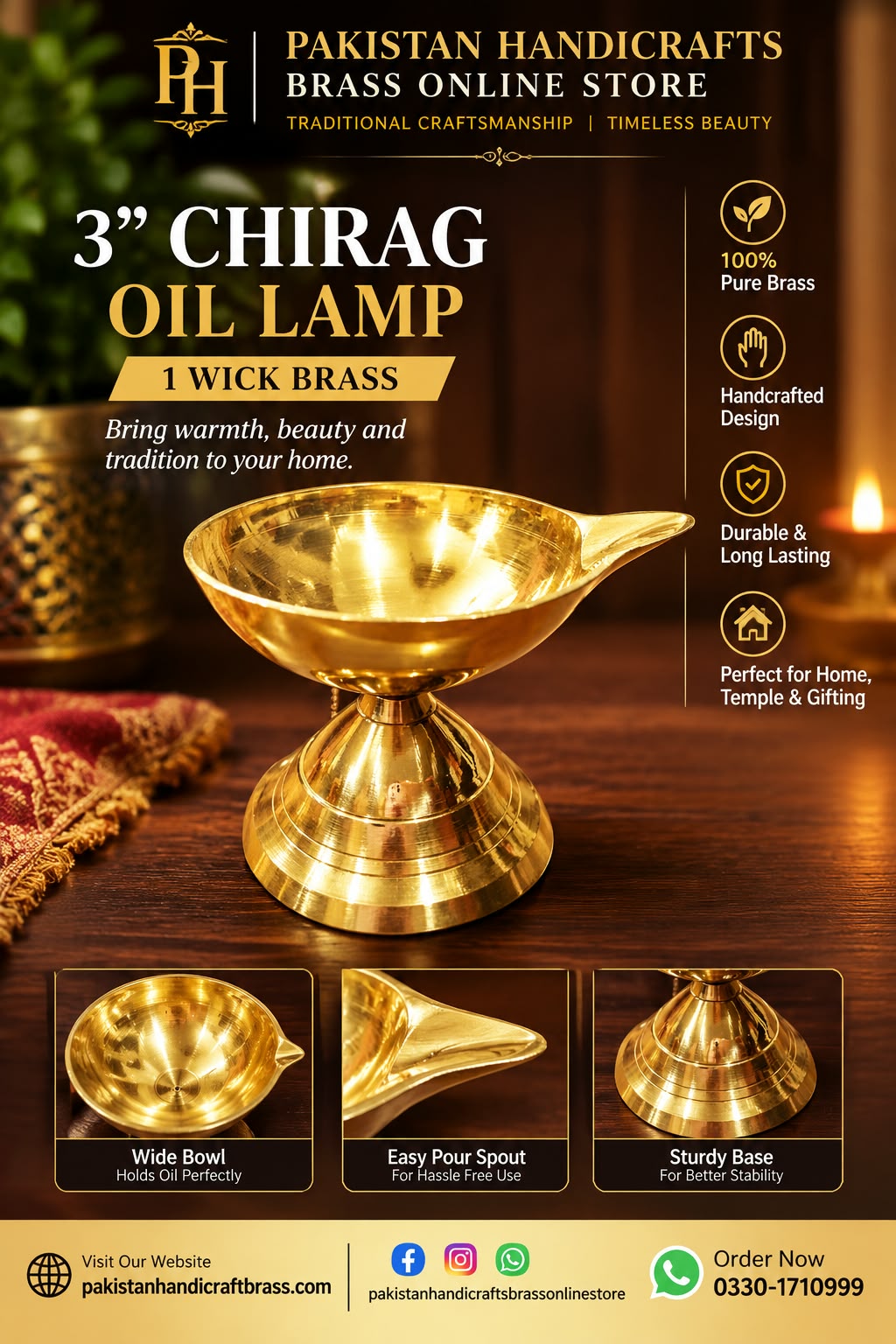3” Handcrafted Brass Chirag Oil Lamp 1 Wick Traditional Golden Finish