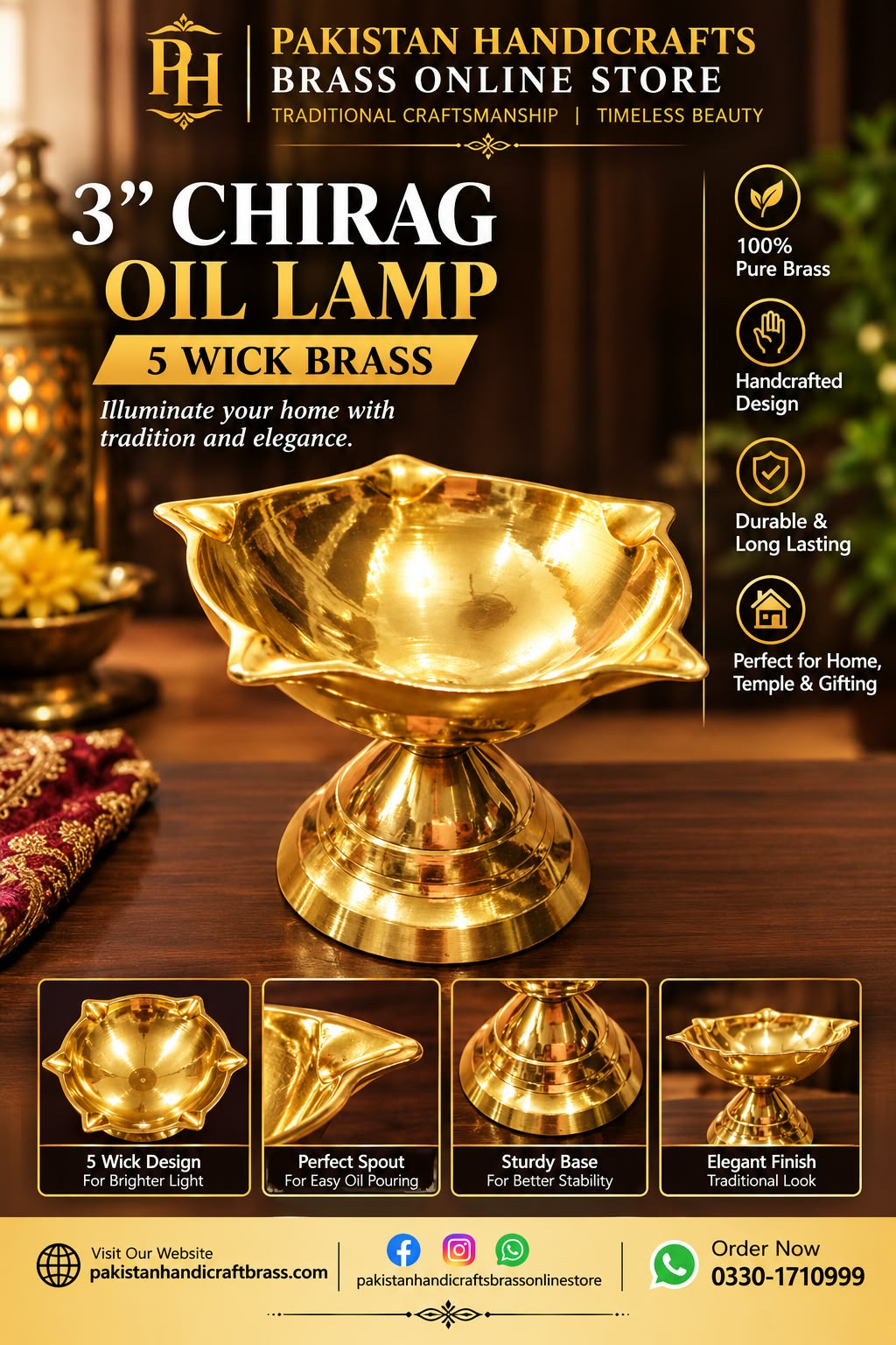 3” Handcrafted Brass Chirag Oil Lamp 5 Wick Traditional Golden Finish