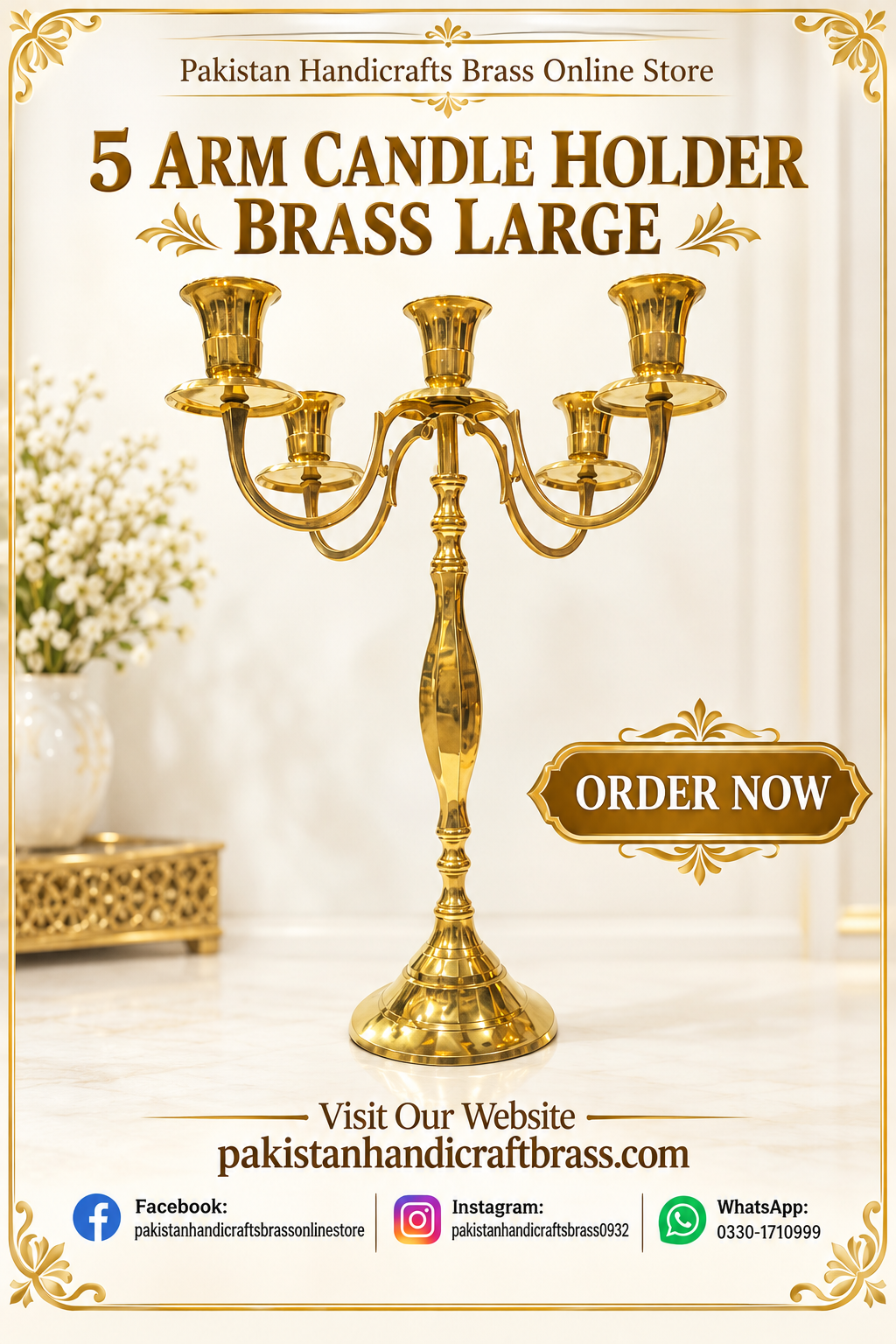 20" 5 Arm Candle Holder Brass Large Golden
