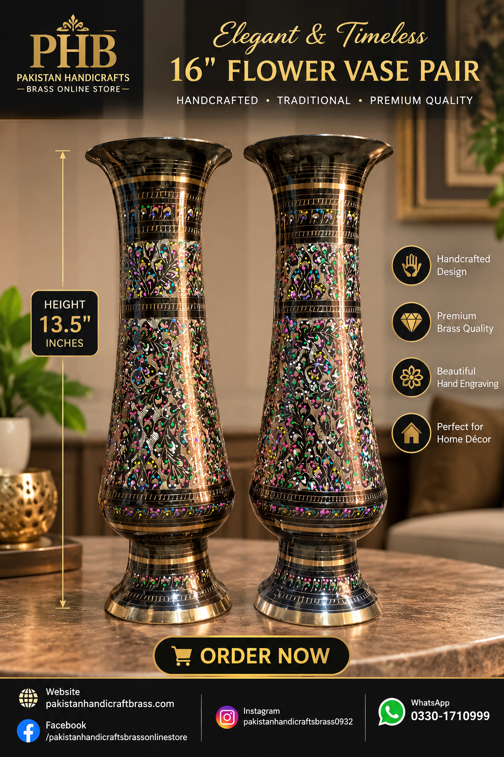 16" Flower Vase Pair Black Antique Finish